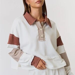 BUCKETLIST Color Block Stripe Collared Button Up Sweatshirt